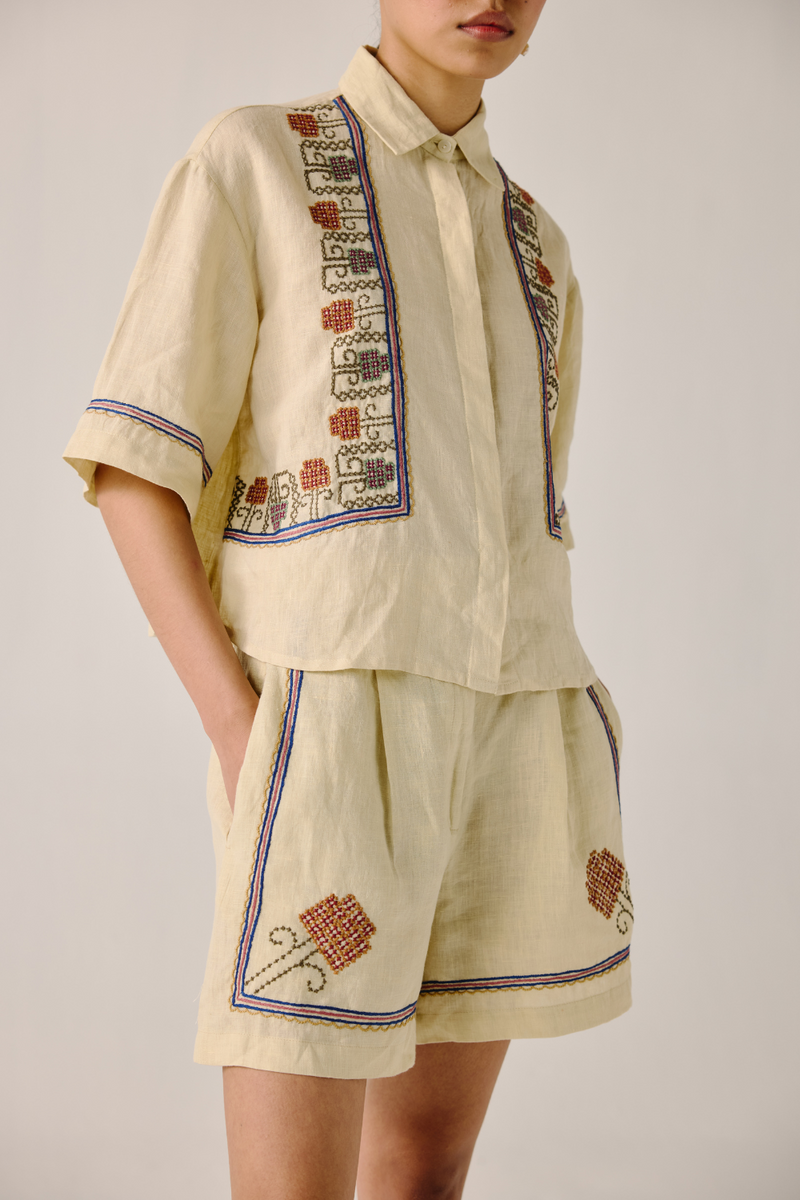 Leo Set - Ivory Cross Stitch Emb. linen by CORD in ivory for women in Singapore
