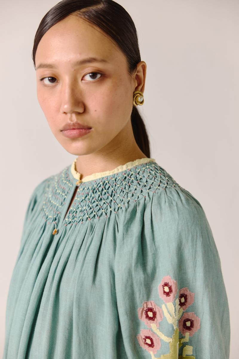 Edith Dress - Pale Blue Pixel Applique linen by CORD in blue for women in Singapore