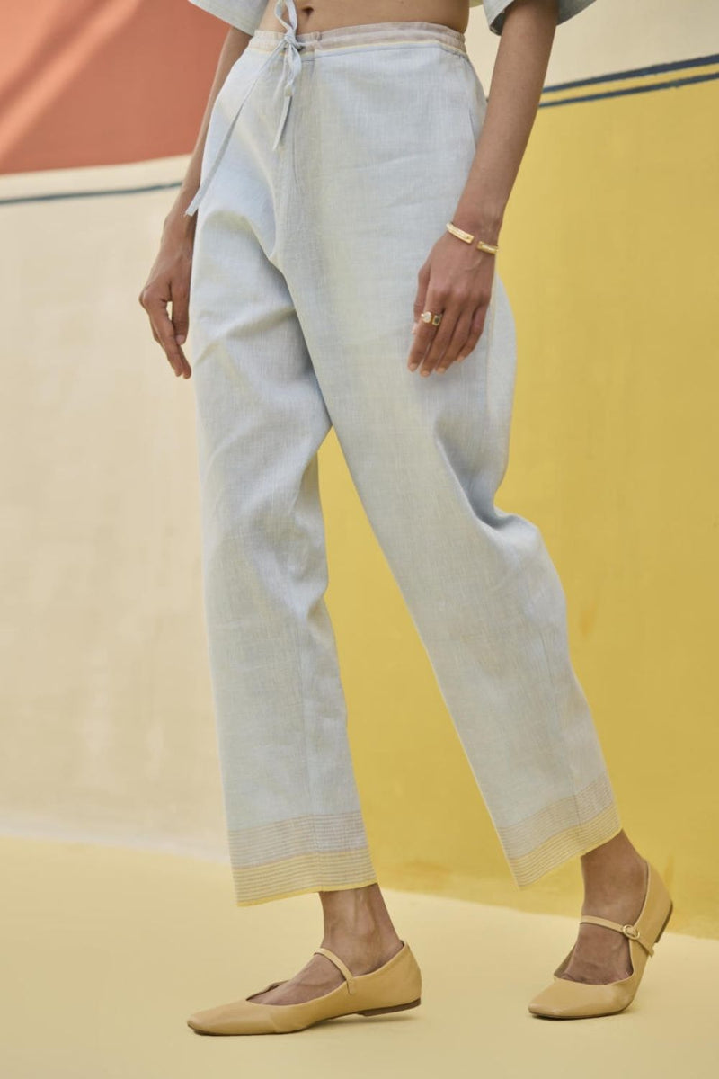 Reya Classic Border Pant - Sky linen by Manan in blue color for women in Singapore