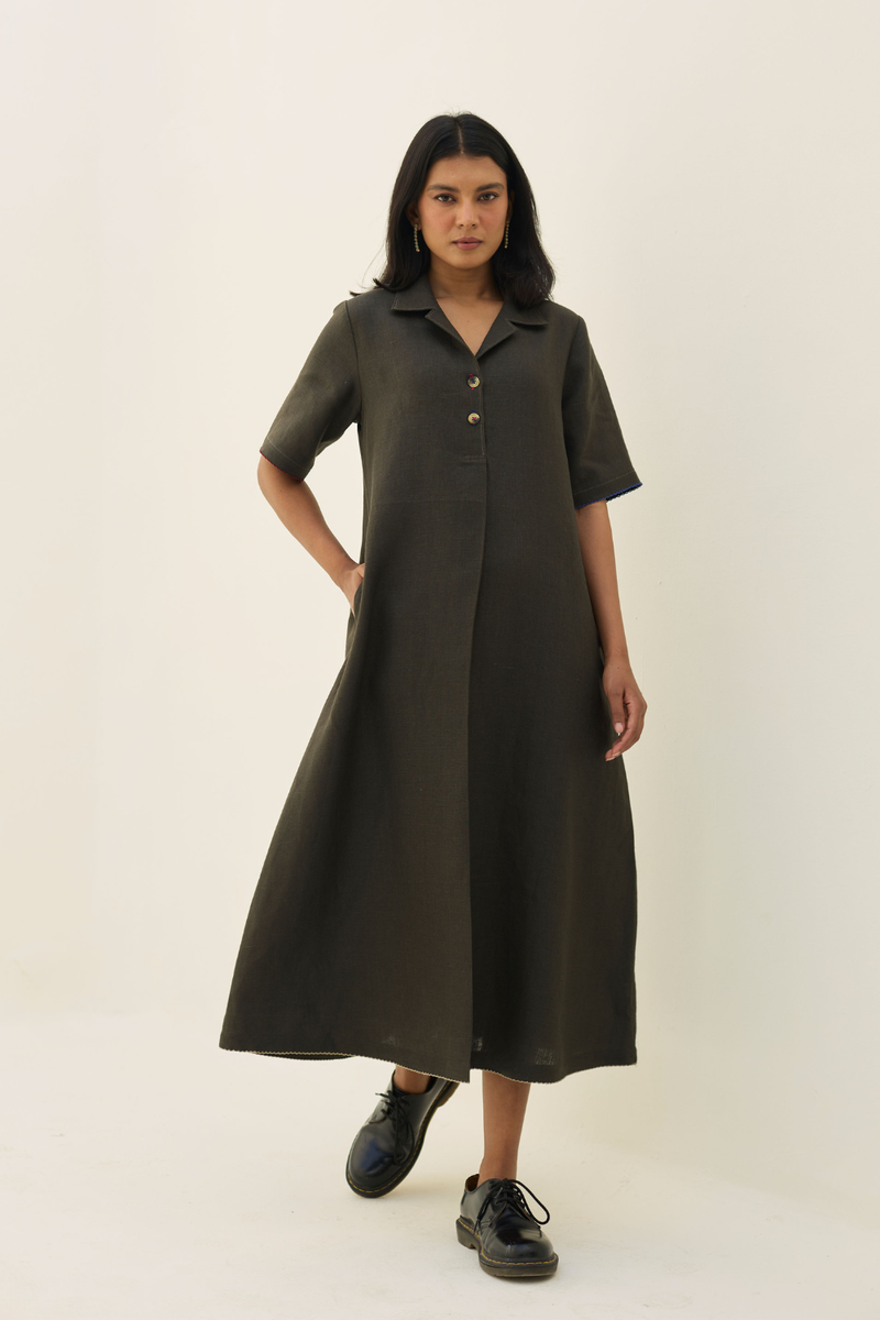 Aster Thick Linen Dress - Olive Charcoal all linen by Manan in charcoal color for women in Singapore