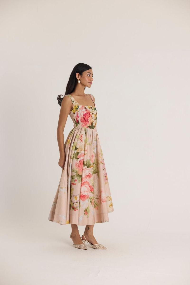 HAZEL EMBROIDERED DRESS satin by Yam in pink color for women in Singapore