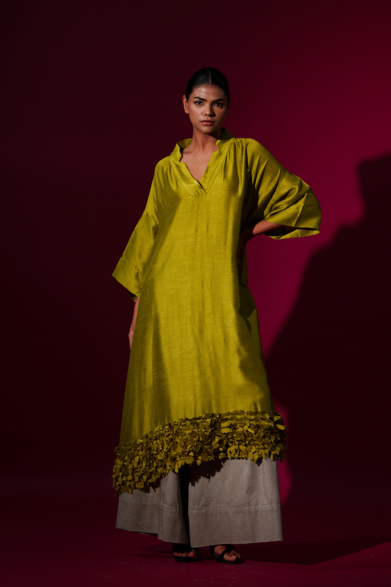 Flax Tunic-Leaf Green mysore silk kaftans and tunics by Stoique in leaf green for women in Singapore