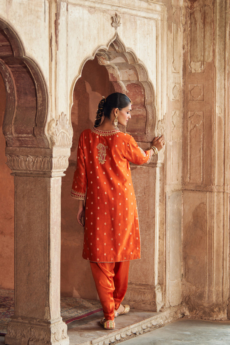 FAHMIDA - BURNT ORANGE SHORT KURTA WITH SALWAR chanderi silk kurta/kurta set by SHEETAL BATRA in orange for women in Singapore