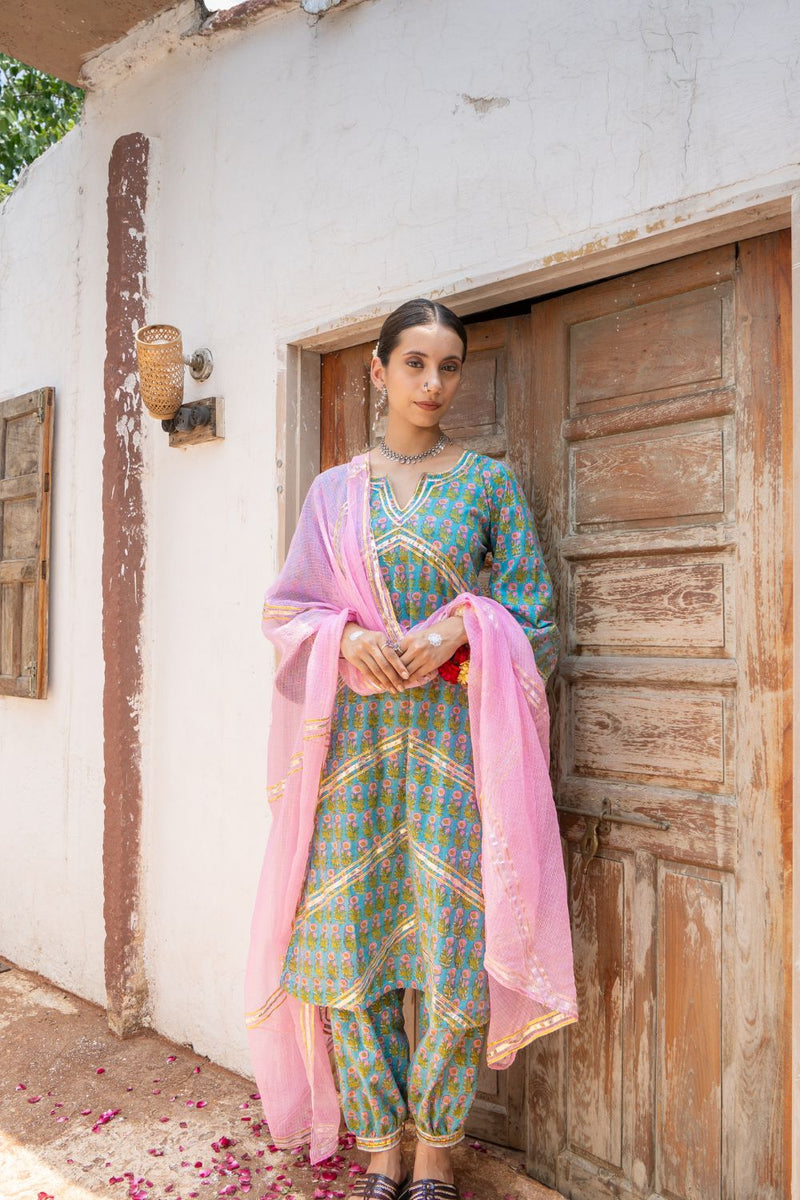 Saundh Sea Green and Pinm hand block printed cotton Salwar set cotton Buy Saundh Sea Green and Pinm hand block printed cotton Salwar set from C&W | Kurta/Kurta Sets for Women by Maison Shefali in multi color for women in Singapore