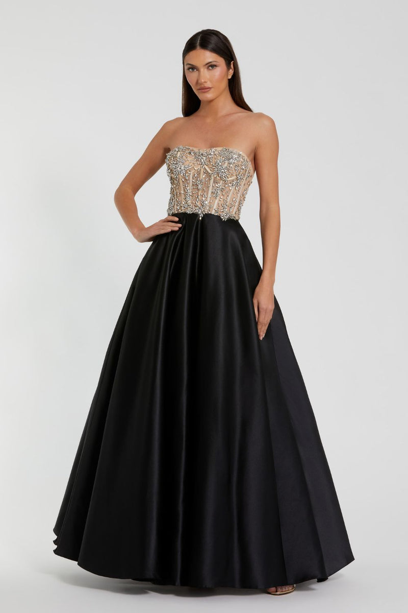 20701-Strapless Embellished Bustier Ball Gown by Mac Duggal in black color for women in Singapore