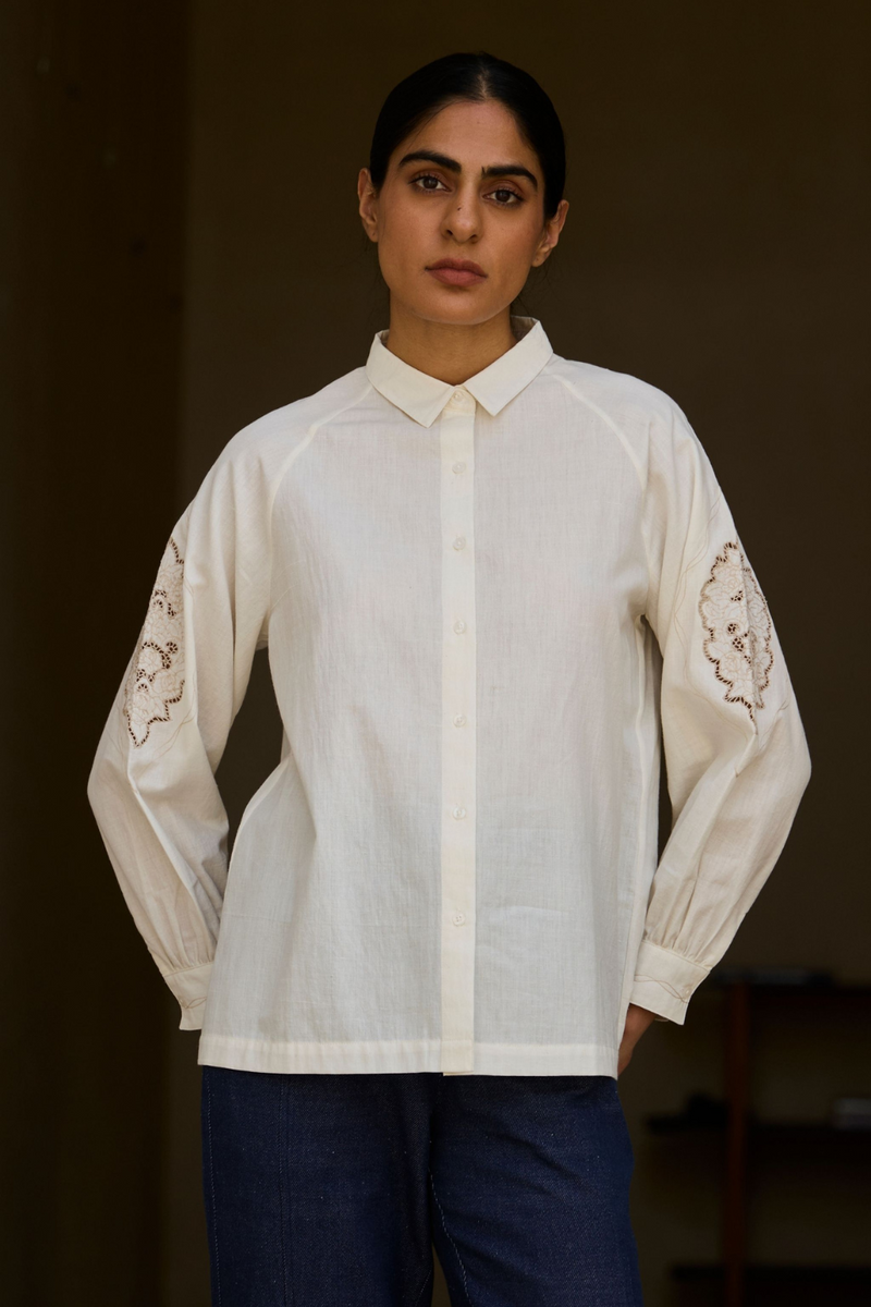 Yeji Handwoven Embroidered Shirt cotton by The Summer House in white color for women in Singapore