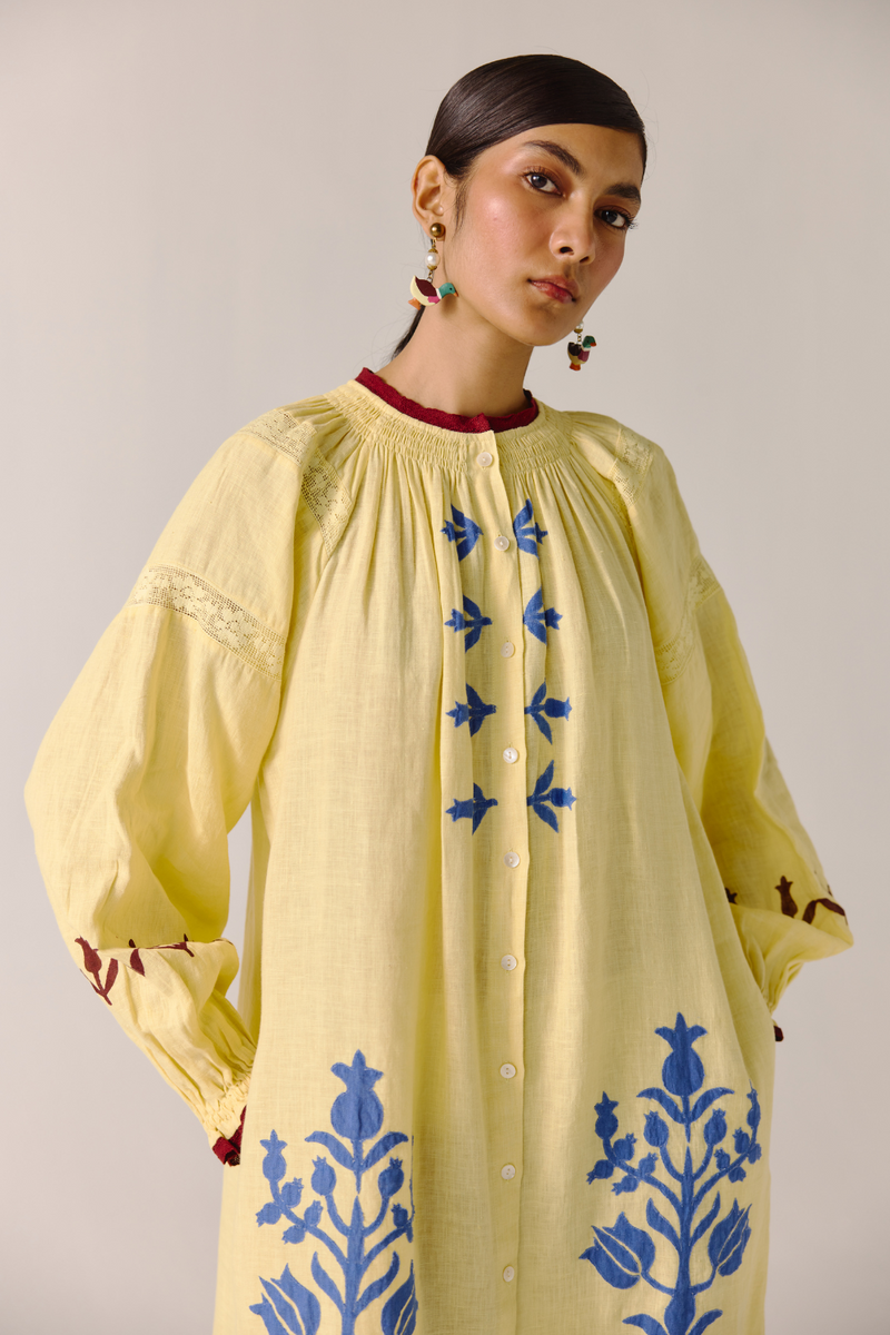 Chloe Dress - Butter Yellow Bird Applique linen by CORD in yellow for women in Singapore