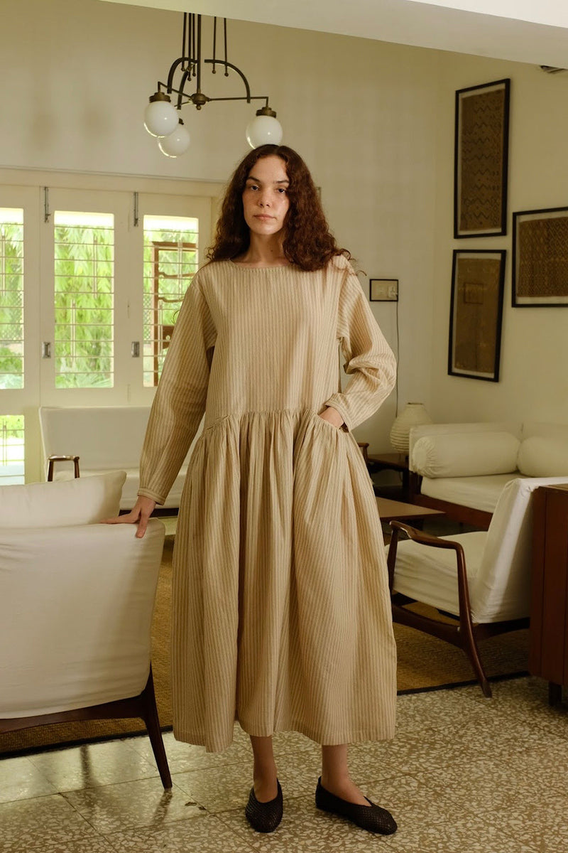 Blake-Sand Dress handwoven cotton dress by MASON AND MILL in beige for women in Singapore