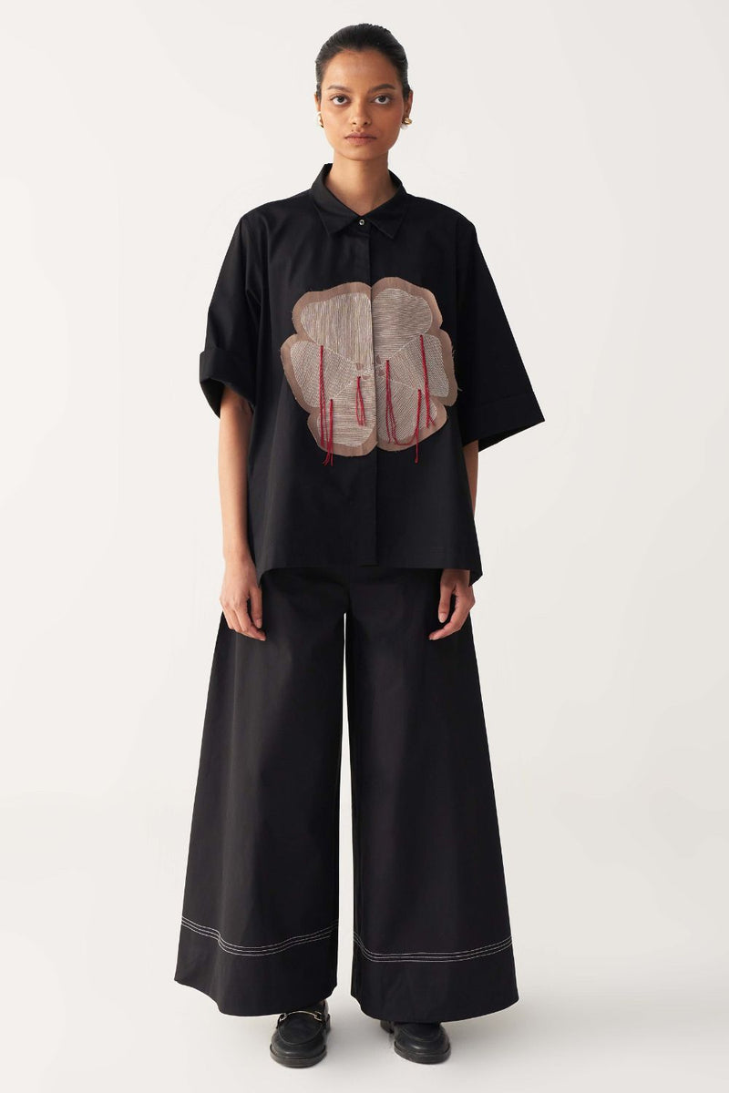 FLORAL FRINGE SHIRT -BLACK poplin by THREE in black color for women in Singapore