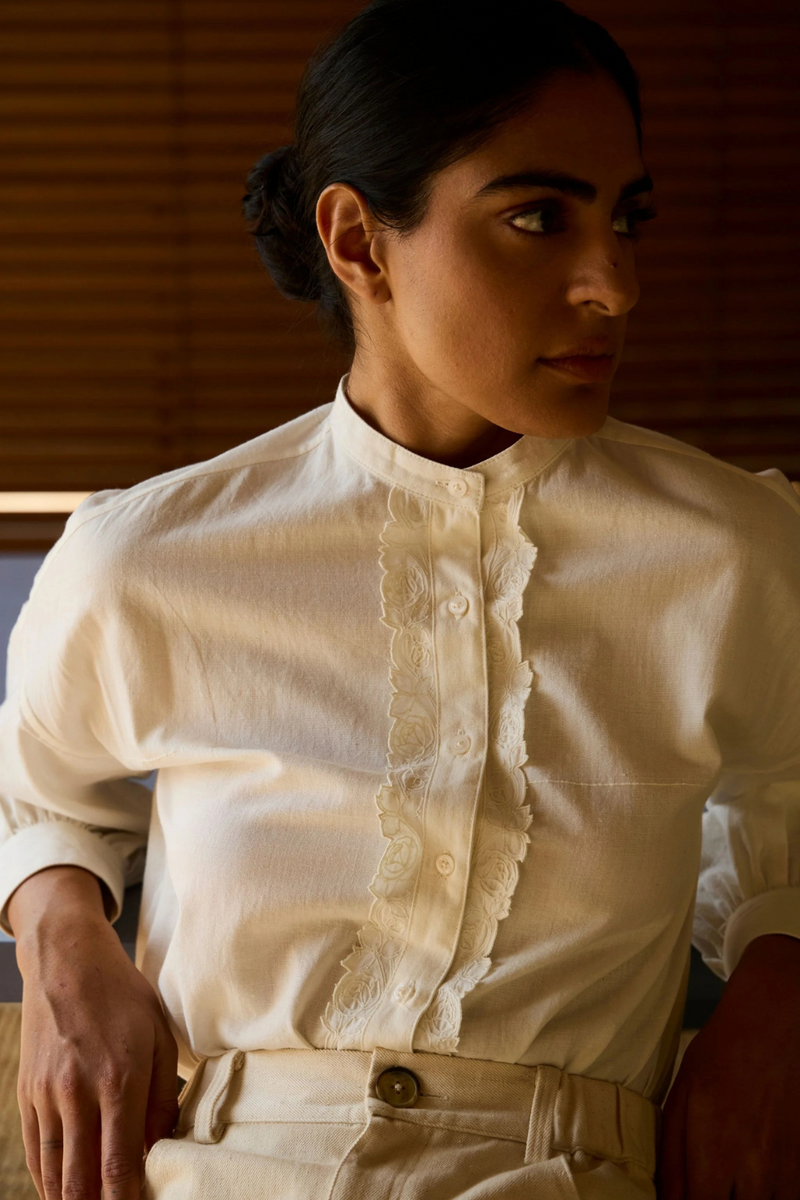 Ryuk Handwoven Embroidered Shirt cotton by The Summer House in white color for women in Singapore
