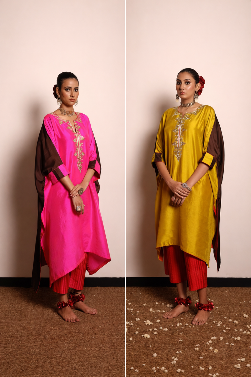 1⁄2 & 1⁄2 Silk Kurta & Striped Silk Pant-Brown