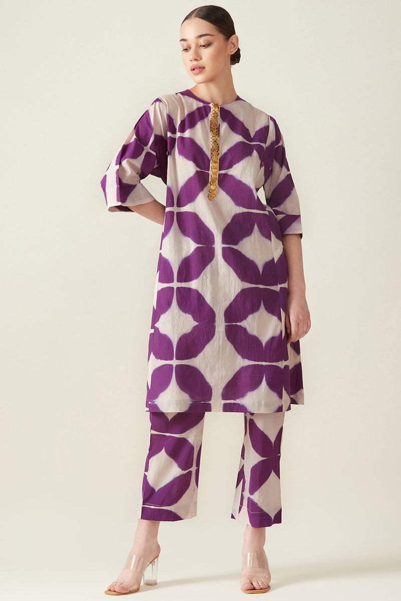 Purple Clamp Dye Embroidered Co ord set cotton Light Kurta Sets by Aavidi for women in Singapore