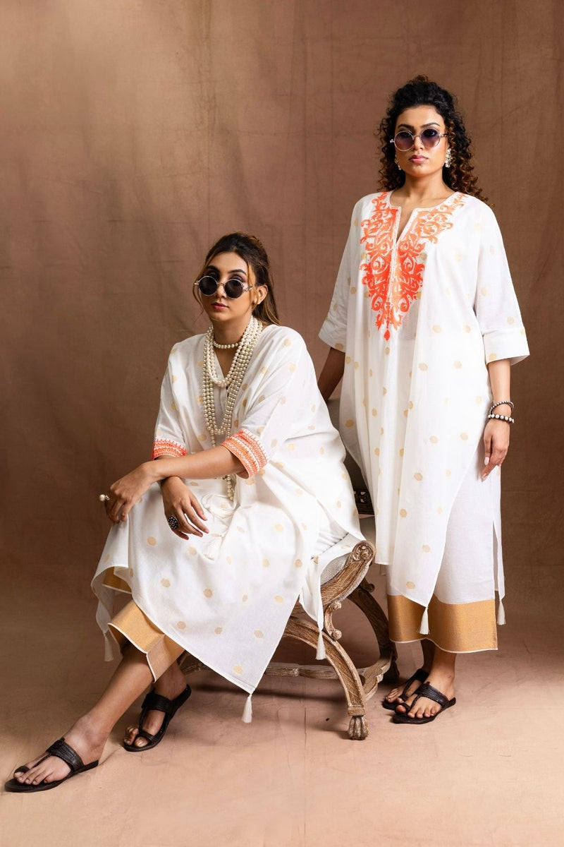 Summer Neon Kurta Set-Neckline Embroidery (neon orange) Pure Cotton Kurta Set Sabo by Sabina — Canvas & Weaves Singapore