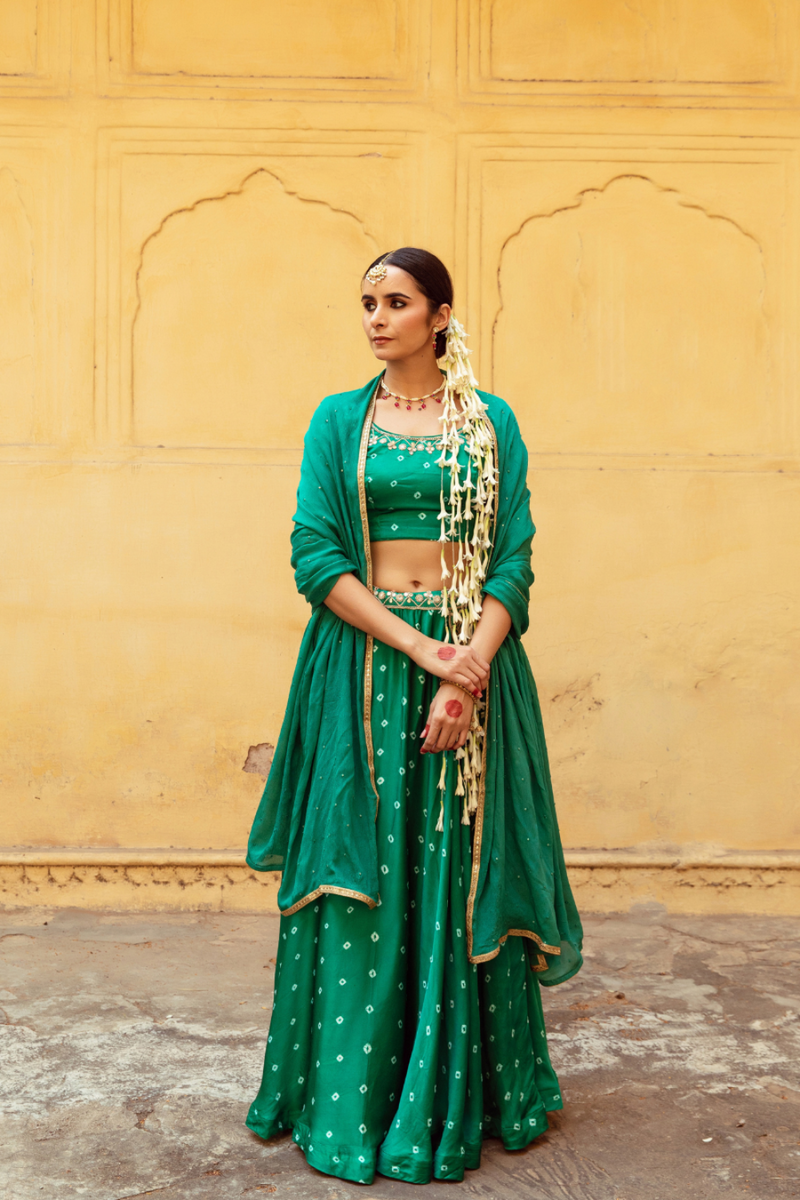 Green & White Bandhej Print Lehenga Set satin Buy Green & White Bandhej Print Lehenga Set from C&W | Lehenga Sets for Women by Maison Shefali in multi color for women in Singapore