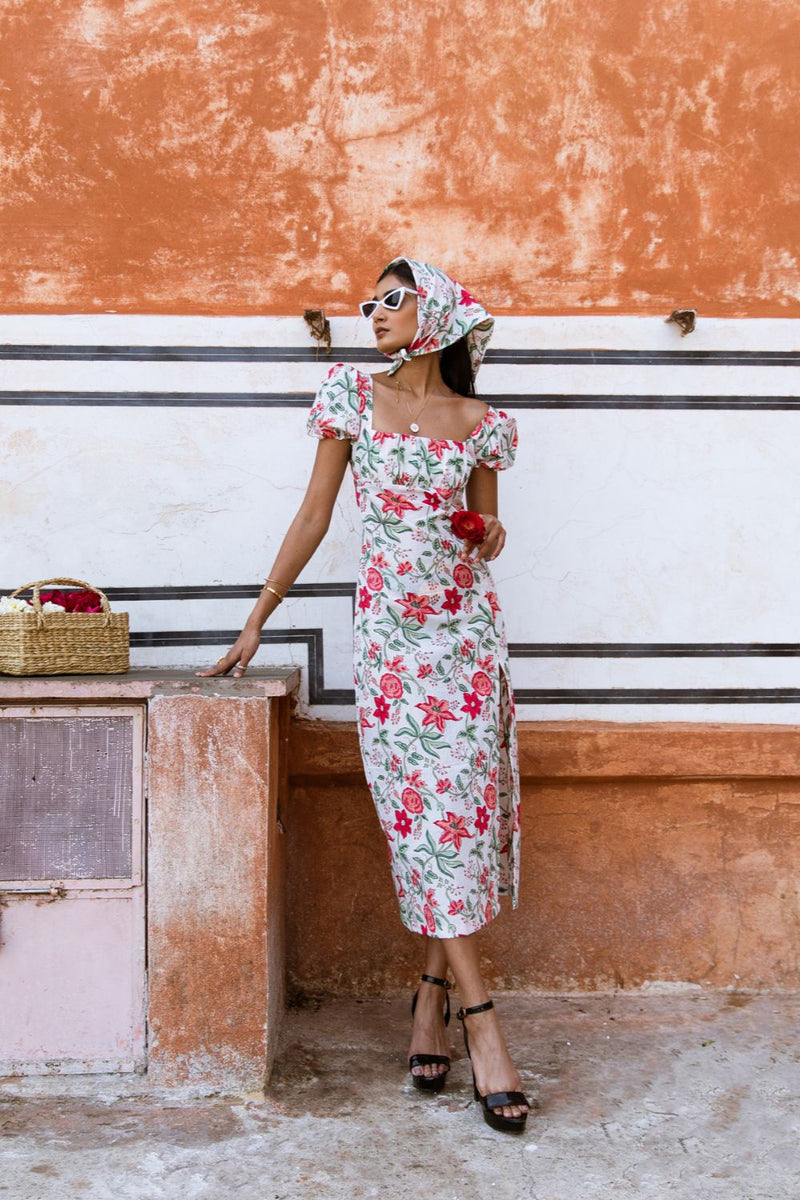 Raspberry & Rose Midi Dress  - Off Shoulder Printed Cotton Midi Dress