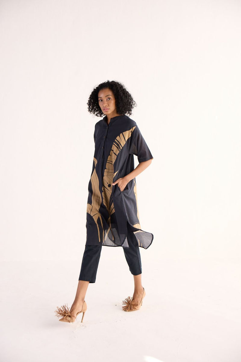 SHADOW LEAF KURTA SET cotton by Khara Kapas in charcoal for women in Singapore