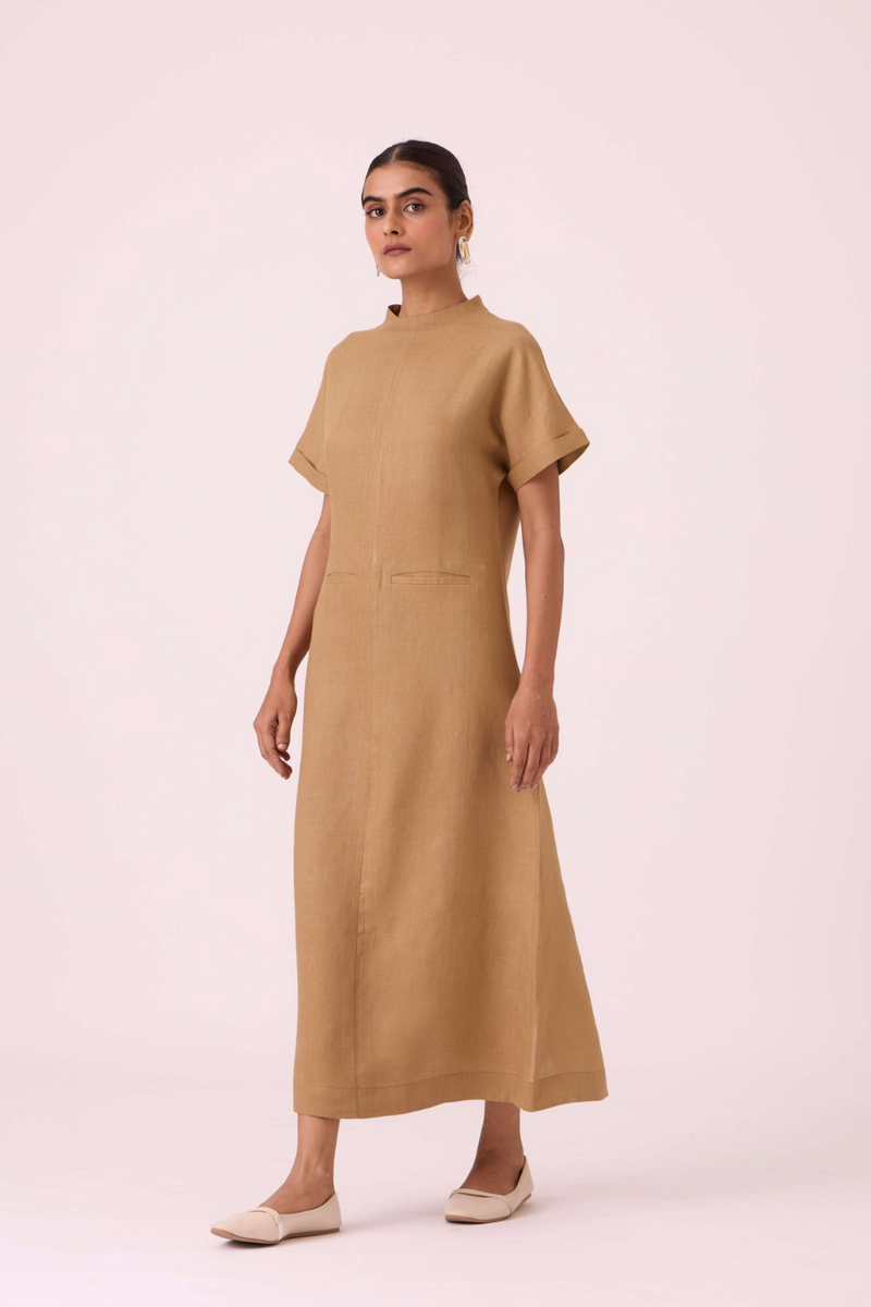 Salome Tan Linen Dress linen by The Summer House in olive color for women in Singapore
