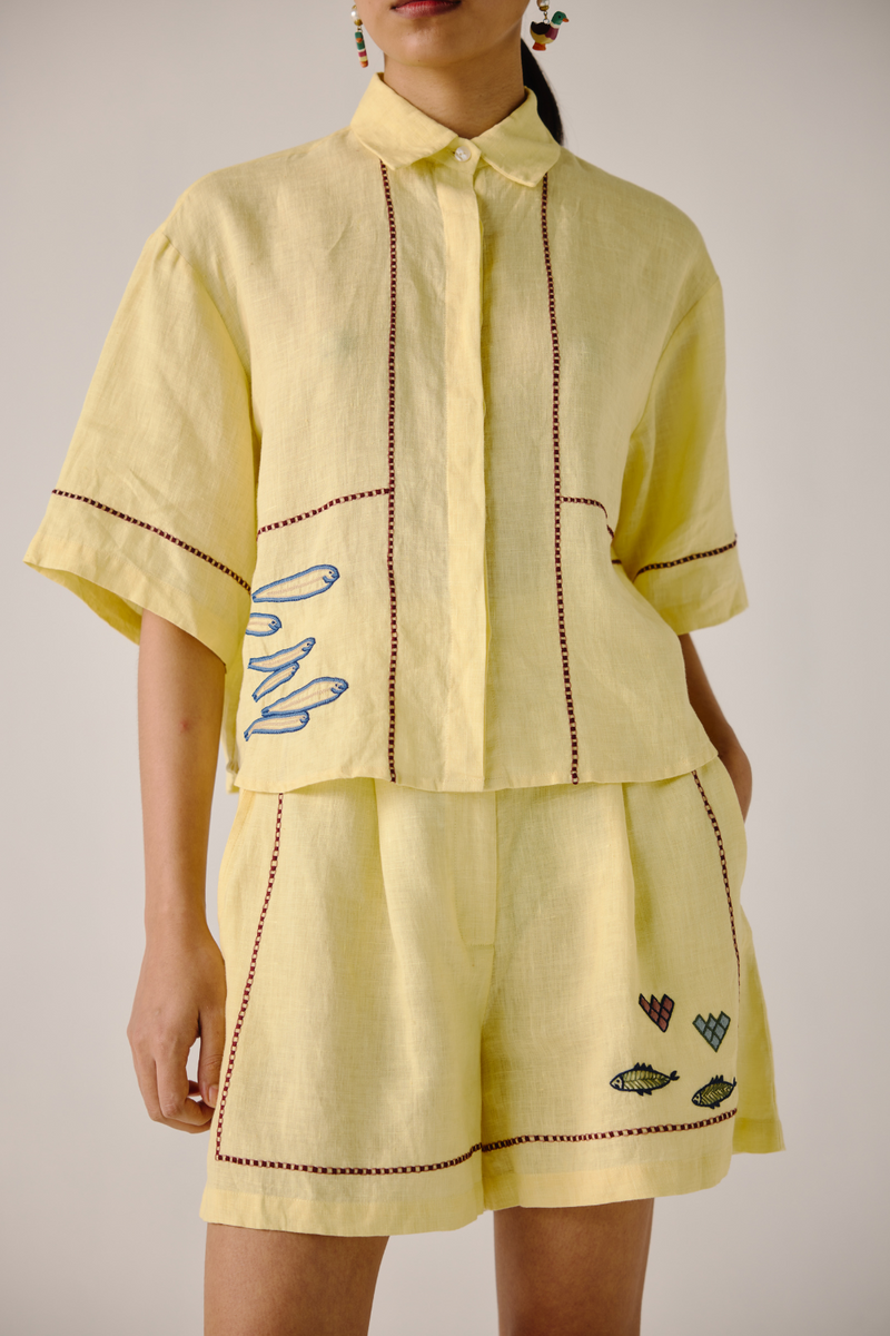 Leo Set - Butter Yellow Fish Embroidery linen by CORD in yellow for women in Singapore
