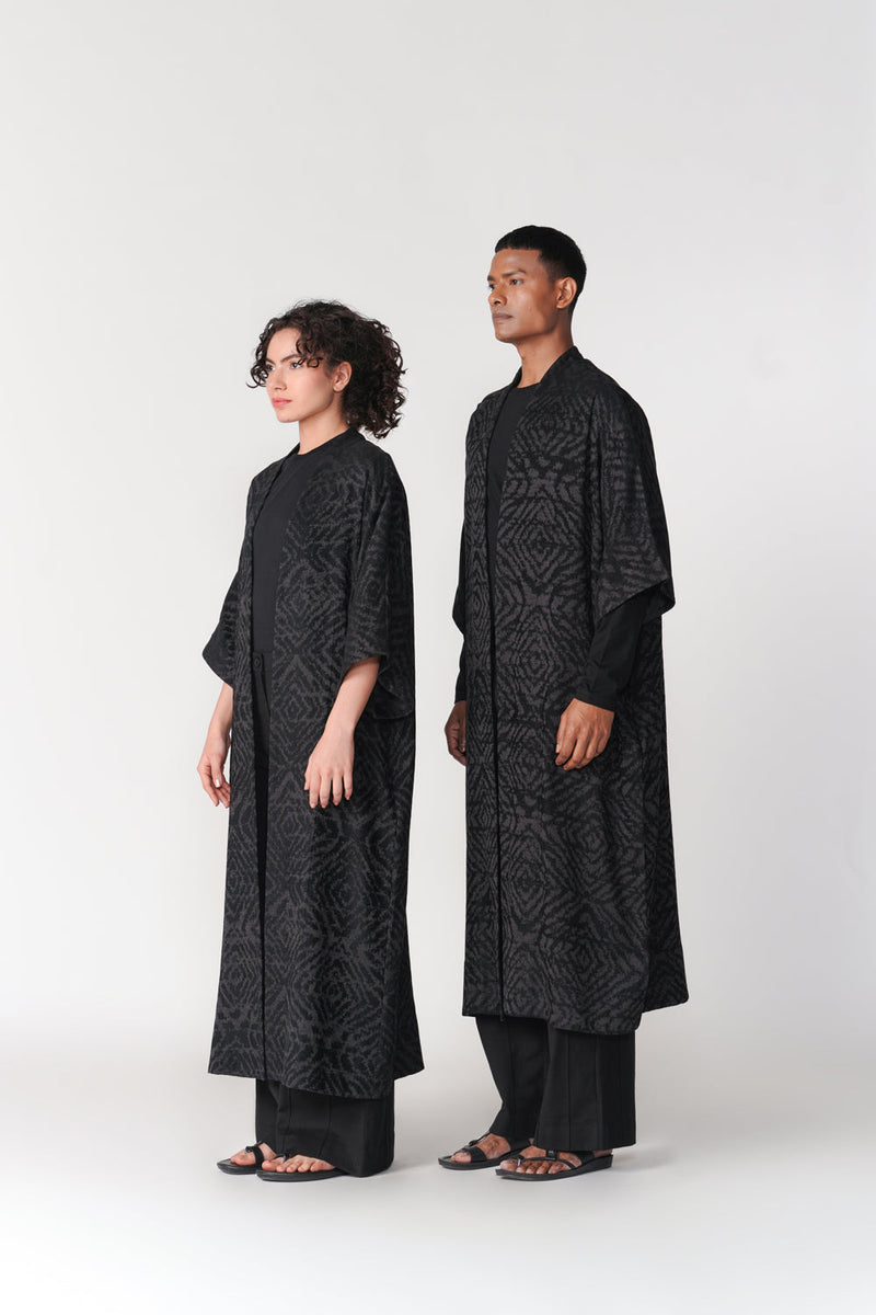 Jacquard Kimono Sleeve Overlay viscose cotton jacket/overlay by Turn Black in black for women in Singapore