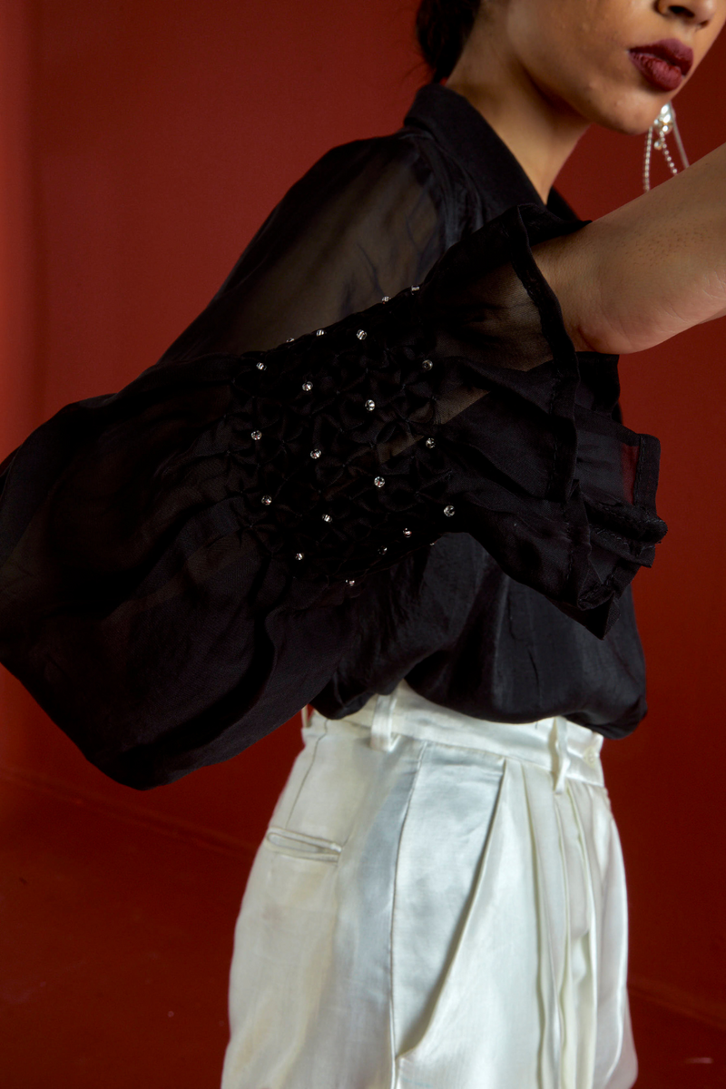 SMOCKING DETAIL SHIRT CO-ORD-BLACK organza by THREE in black color for women in Singapore