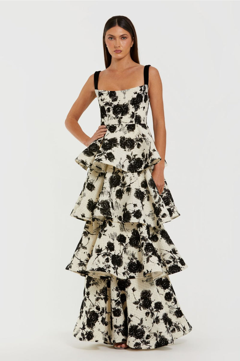 27710-Black and White Floral Boucle Tiered Ruffle Gown by Mac Duggal in black color for women in Singapore