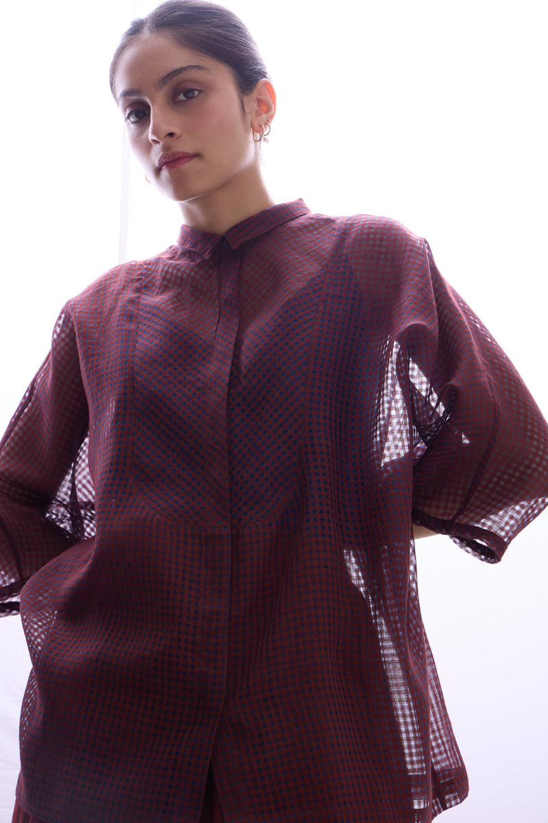 Zuri Blue Checkered HandwovenTop handwoven silk cotton top/shirt by The Summer House in blue for women in Singapore