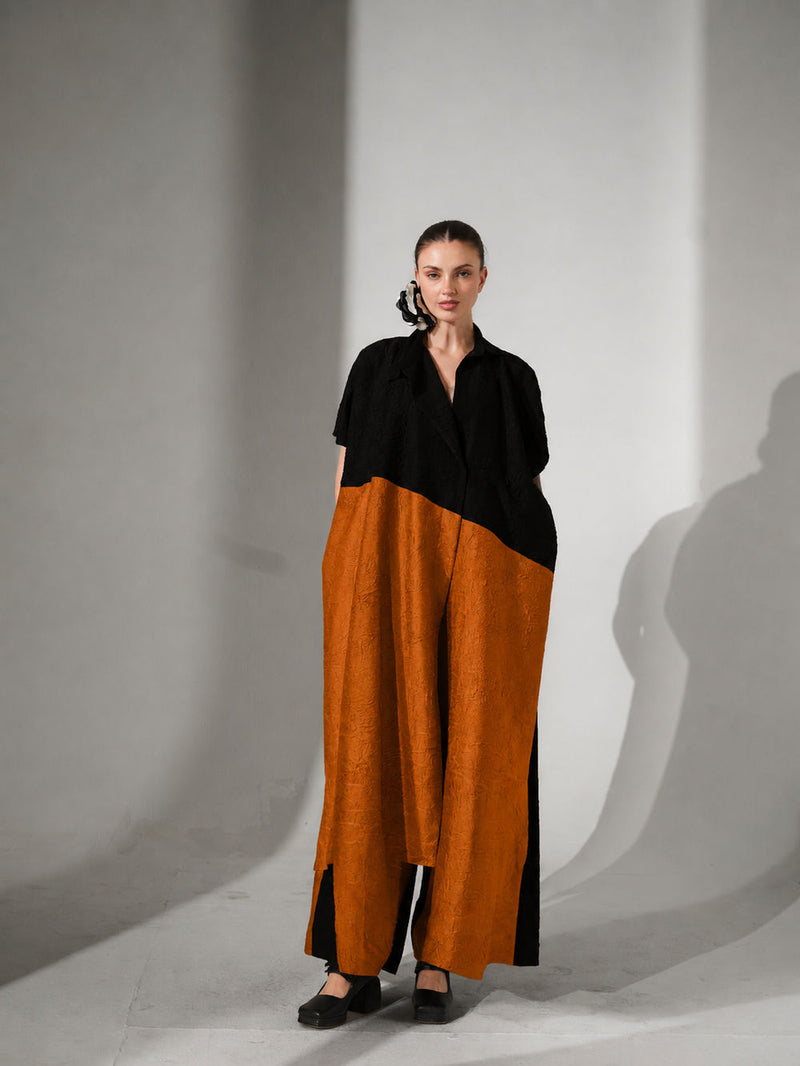 Awaken Tunic-Black + Ochre crushed silk tunics and kaftans by Stoique in black, ochre for women in Singapore
