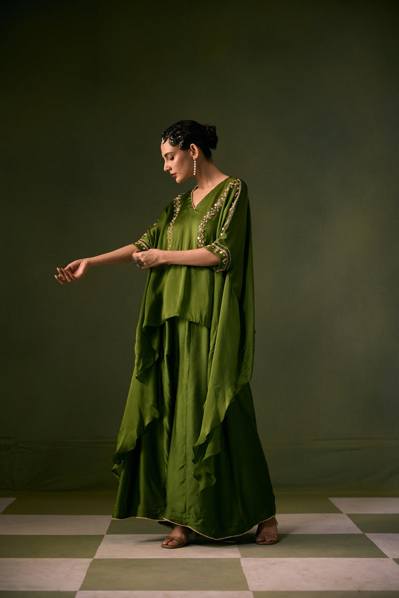 Cove Antifit Asymmetric Top with Flared Pants vegan satin, organza satin indo-western by PRAHNAAYA in musturd yellow for women in Singapore