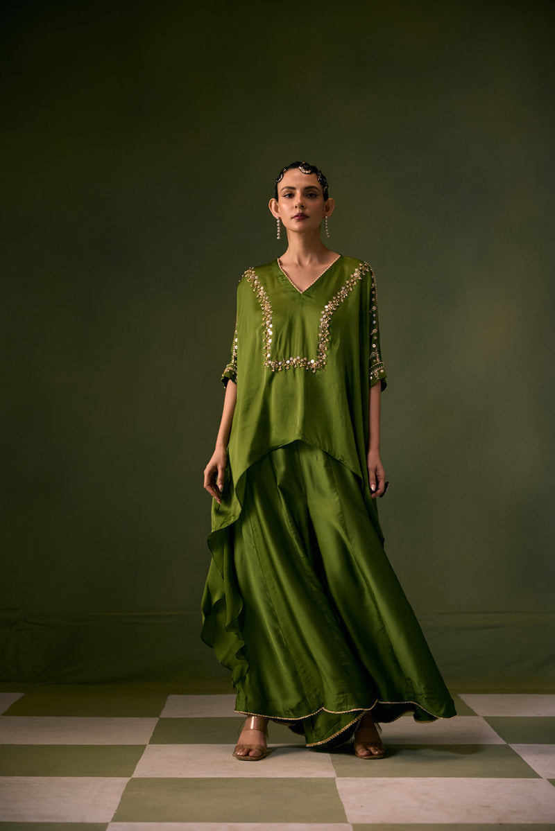 Cove Antifit Asymmetric Top with Flared Pants vegan satin, organza satin indo-western by PRAHNAAYA in musturd yellow for women in Singapore