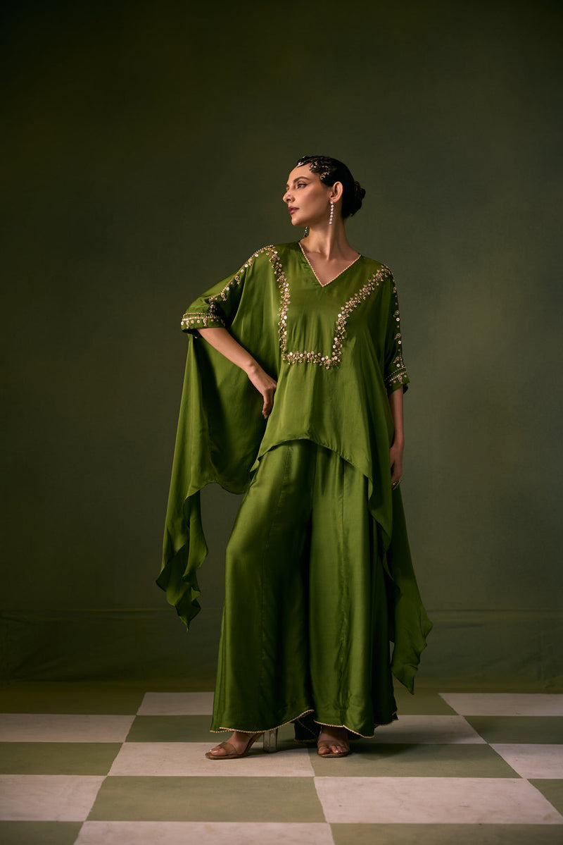 Cove Antifit Asymmetric Top with Flared Pants vegan satin, organza satin indo-western by PRAHNAAYA in musturd yellow for women in Singapore