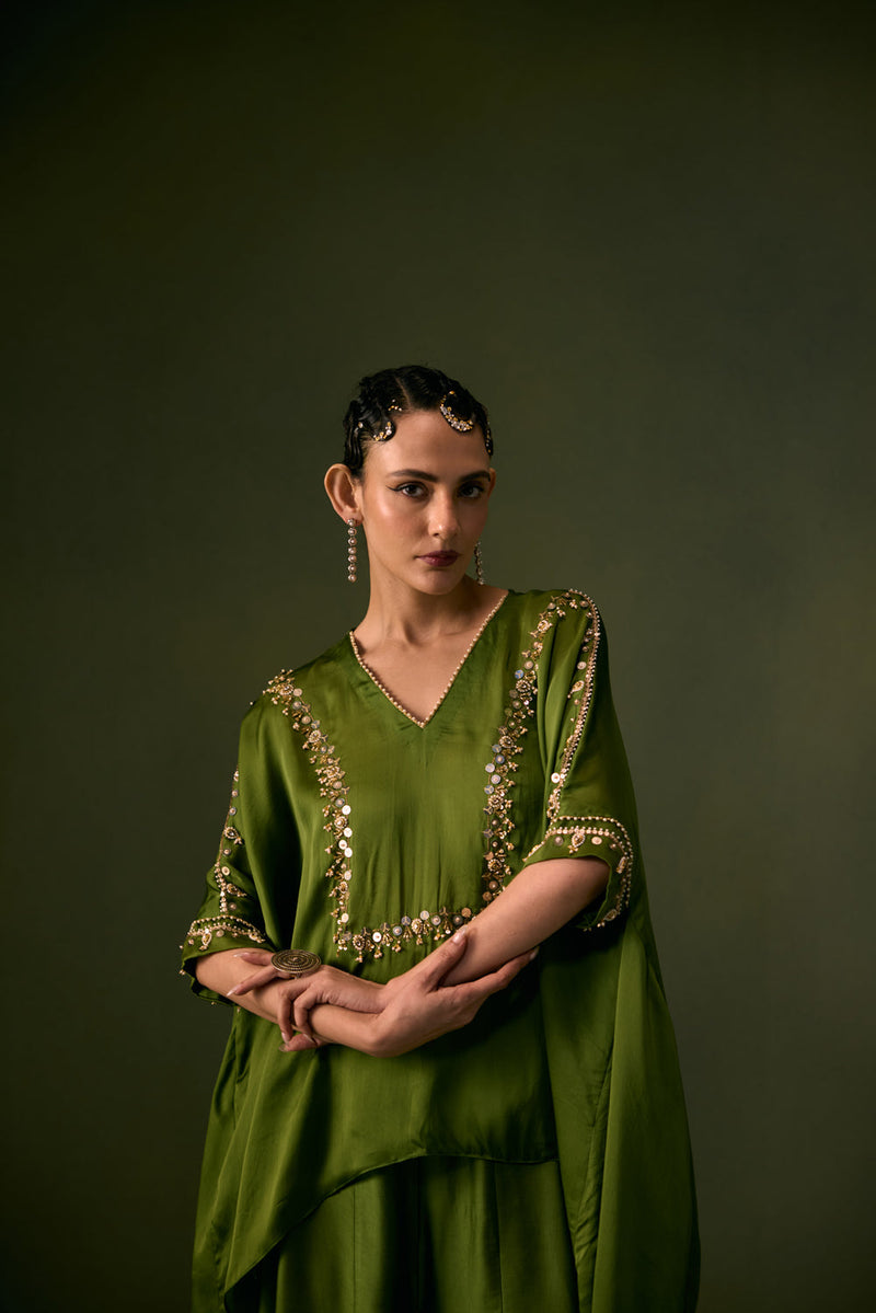 Cove Antifit Asymmetric Top with Flared Pants vegan satin, organza satin indo-western by PRAHNAAYA in musturd yellow for women in Singapore