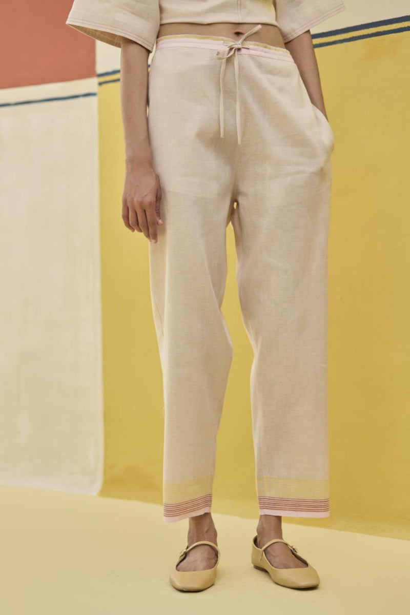 Reya Classic Border Pant - Sand linen by Manan in natural color for women in Singapore