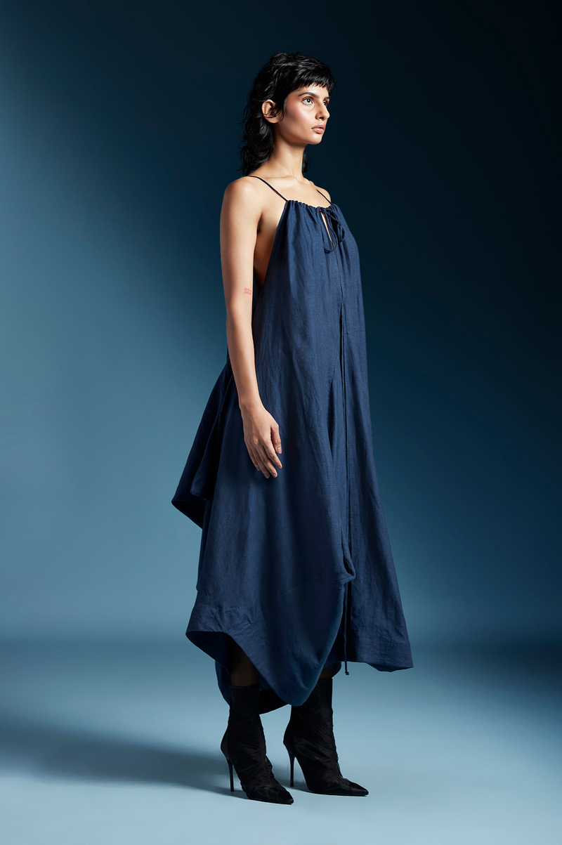 Ilaria Dress-Midnight Blue linen by Chola in blue color for women in Singapore