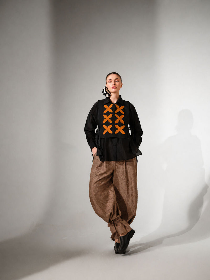 Pebble Shirt-Black + Ochre silk chanderi top/shirt by Stoique in black, ochre for women in Singapore