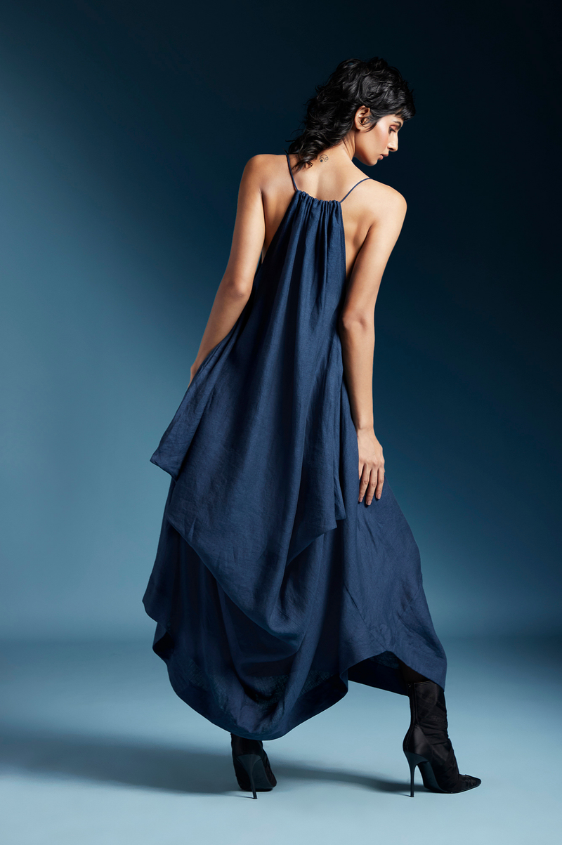 Ilaria Dress-Midnight Blue linen by Chola in blue color for women in Singapore