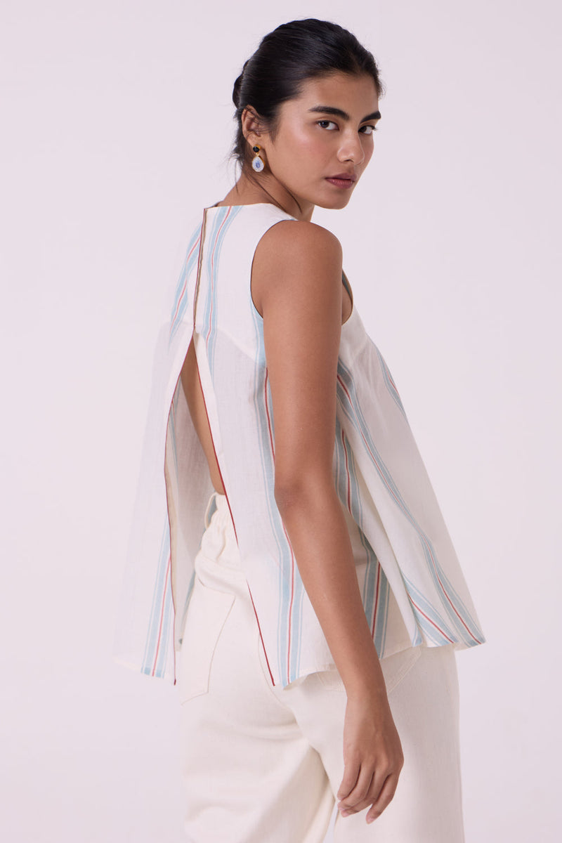 Mizu Striped Handwoven Tent Top handwoven cotton top/shirt by The Summer House in off white for women in Singapore