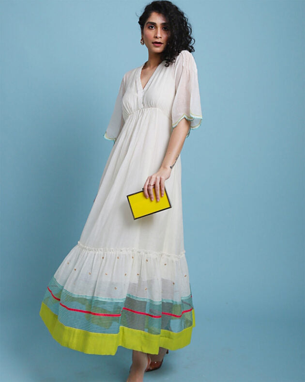 Life In Pink Chanderi Tiered Dress chanderi by Rajiramniq in ivory color for women in Singapore