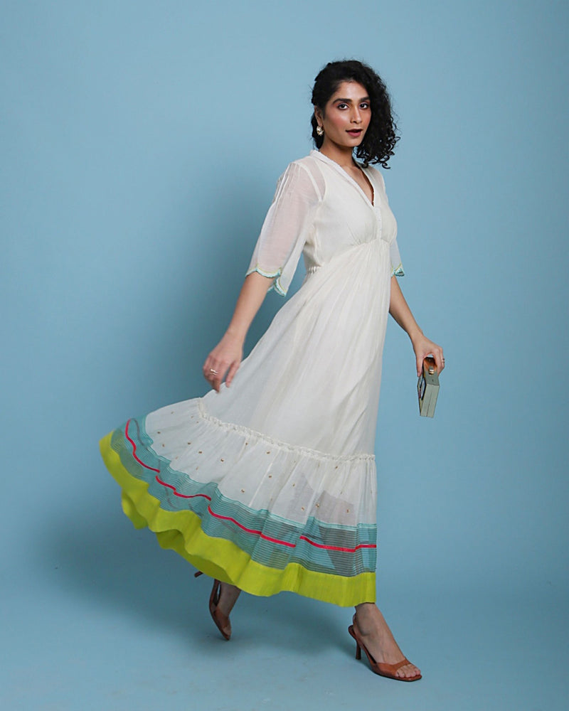 Life In Pink Chanderi Tiered Dress chanderi by Rajiramniq in ivory color for women in Singapore
