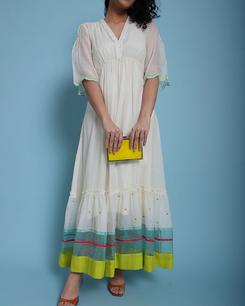 Life In Pink Chanderi Tiered Dress chanderi by Rajiramniq in ivory color for women in Singapore