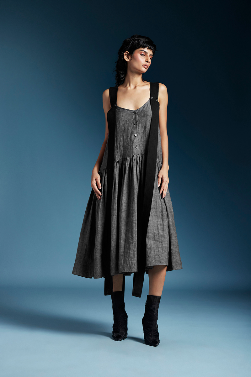Zane Dress-Charcoal Grey linen by Chola in grey color for women in Singapore