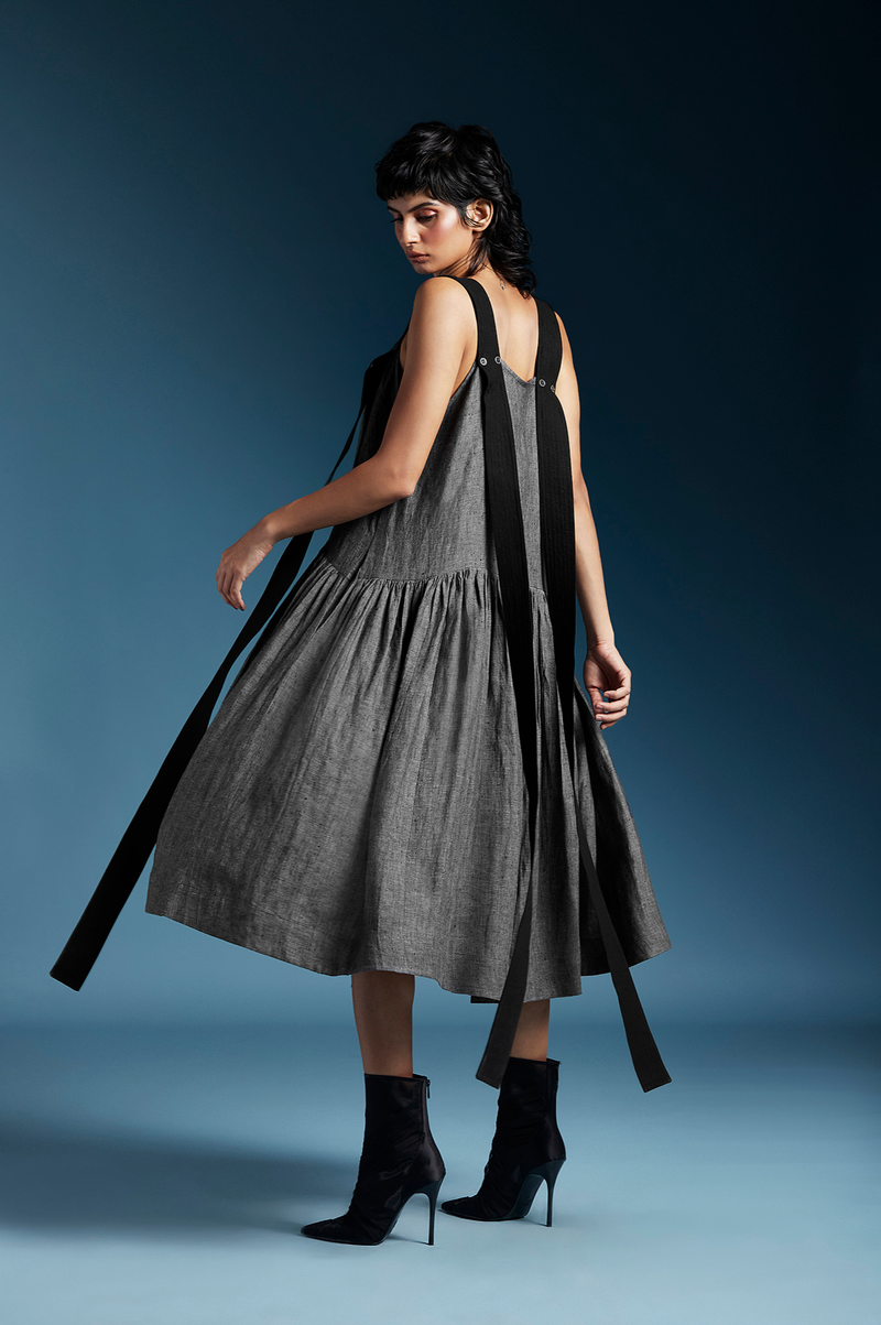Zane Dress-Charcoal Grey linen by Chola in grey color for women in Singapore
