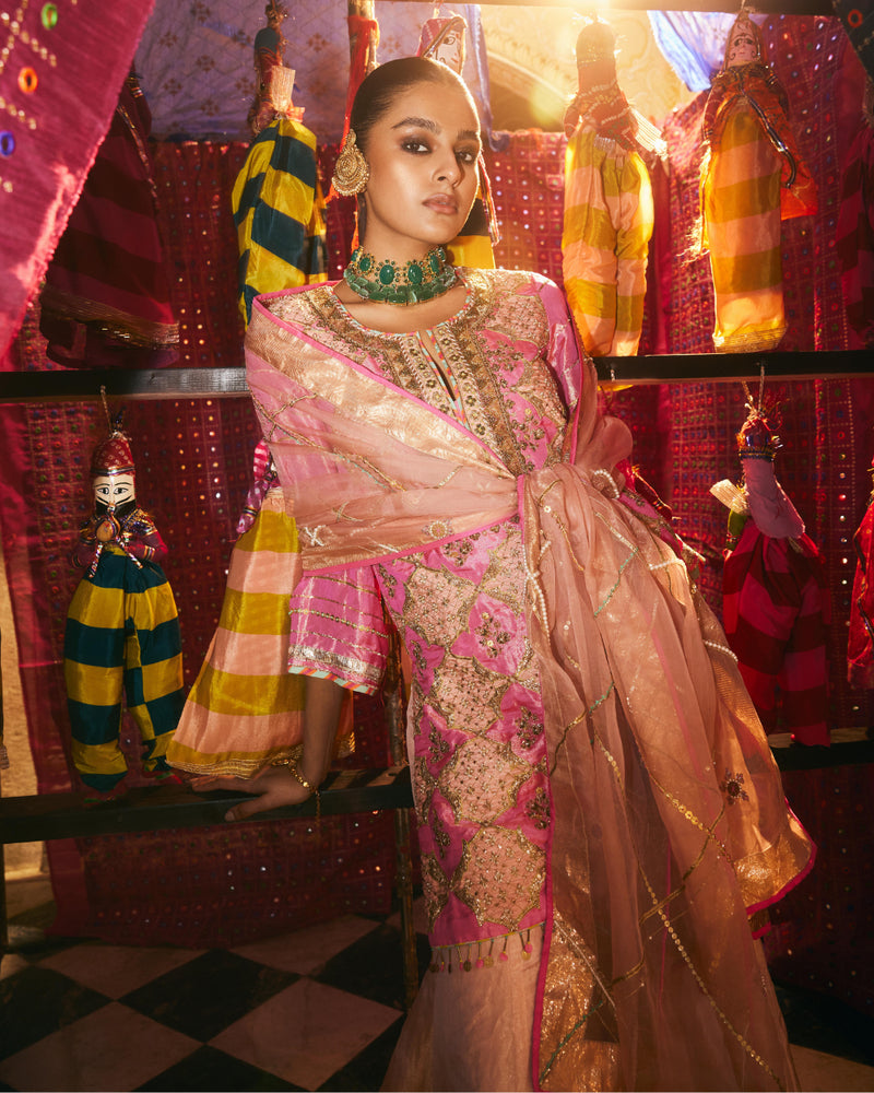 Khel Hot Pink Gharara Set silk by Rajiramniq in multi color for women in Singapore
