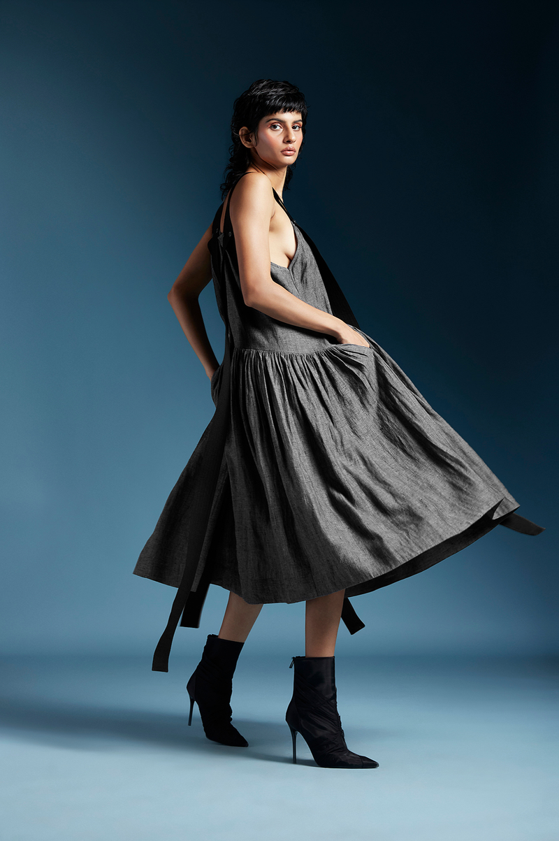 Zane Dress-Charcoal Grey linen by Chola in grey color for women in Singapore