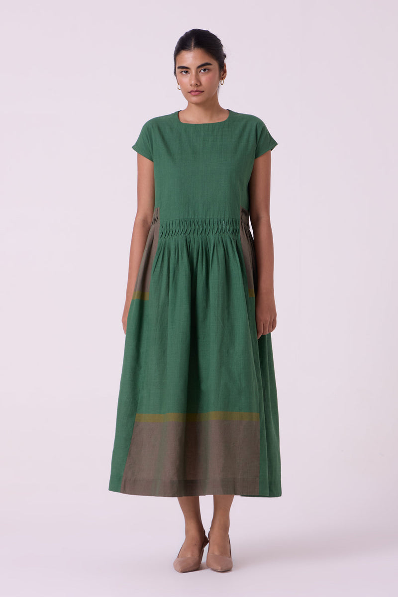 Mori Green Colourblocked Handwoven Midi Dress handwoven cotton dress by The Summer House in green for women in Singapore