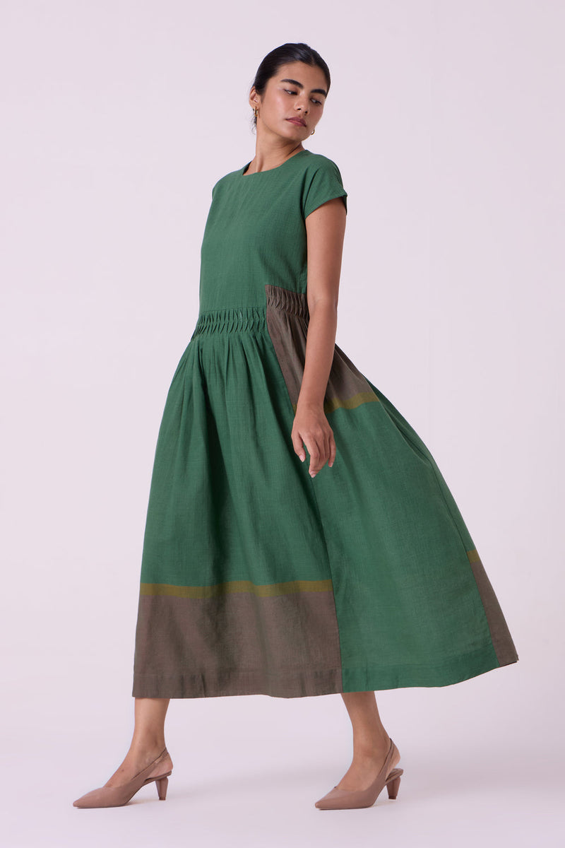 Mori Green Colourblocked Handwoven Midi Dress handwoven cotton dress by The Summer House in green for women in Singapore