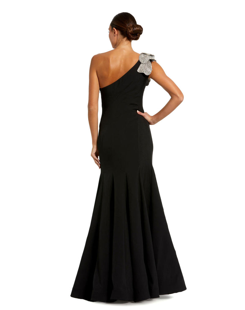 11810-Crepe One Shoulder Gown With Flower by Mac Duggal in black color for women in Singapore