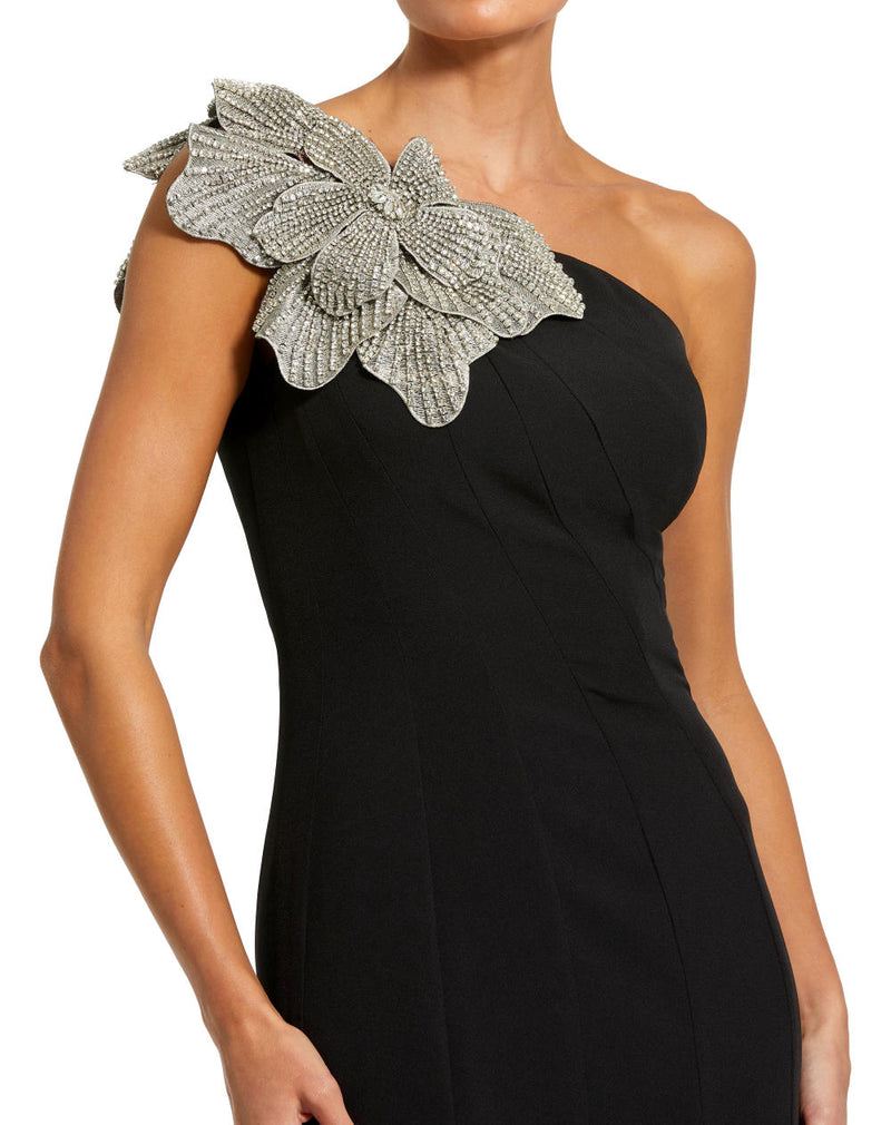 11810-Crepe One Shoulder Gown With Flower by Mac Duggal in black color for women in Singapore