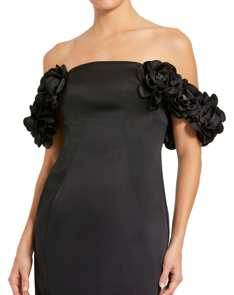 11872 - Black Satin 3D Flower Off The Shoulder Mermaid Gown by Mac Duggal in black color for women in Singapore