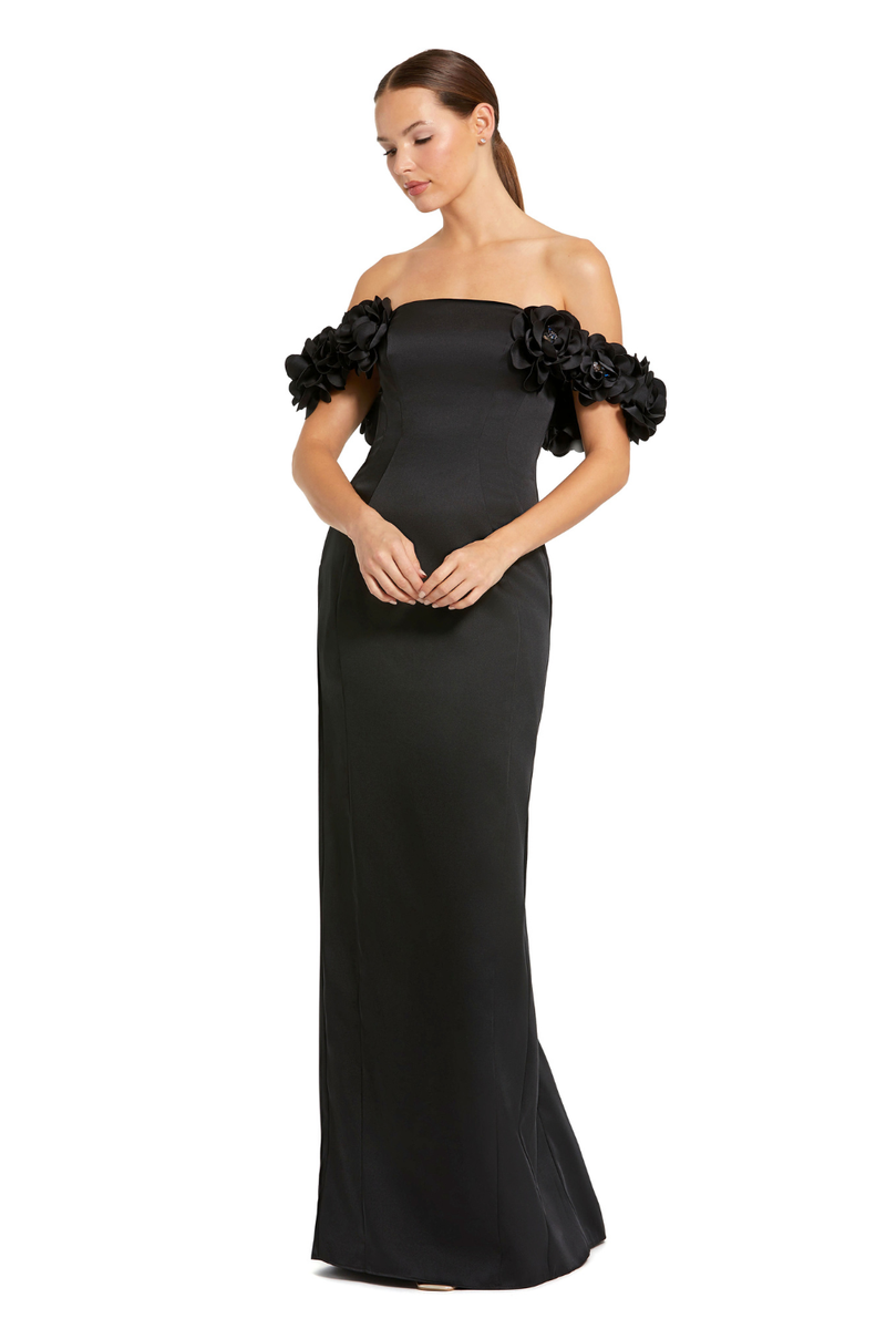 11872 - Black Satin 3D Flower Off The Shoulder Mermaid Gown by Mac Duggal in black color for women in Singapore