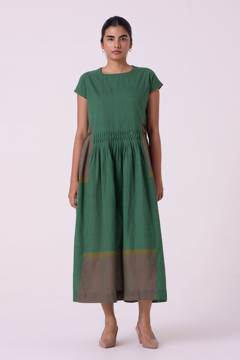 Mori Green Colourblocked Handwoven Midi Dress handwoven cotton dress by The Summer House in green for women in Singapore